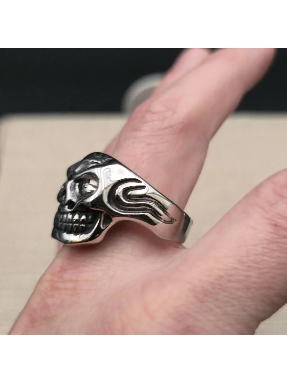 Size 16 Skull with Rhinestone Eye - Gothic Punk Biker Jewelry Band Ring A8103